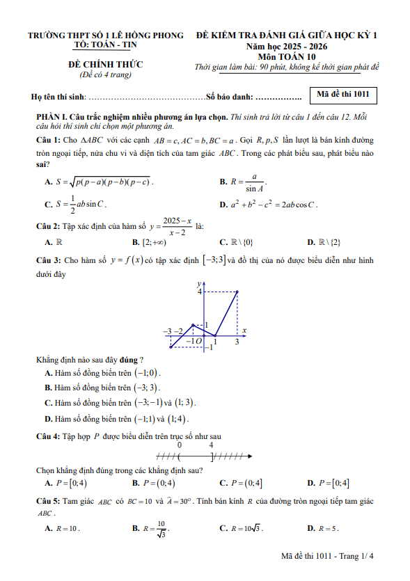 đề giữa kì 1 toán 10 năm 2025 – 2026 trường thpt lê hồng phong 1 – đắk lắk