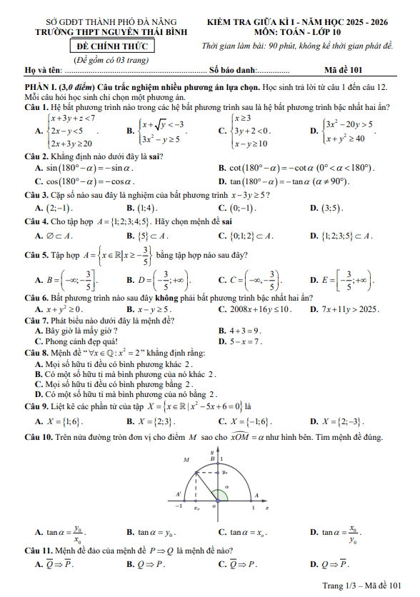 đề giữa kì 1 toán 10 năm 2025 – 2026 trường thpt nguyễn thái bình – đà nẵng