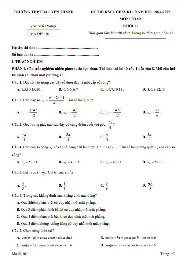 đề giữa kì 1 toán 11 năm 2024 – 2025 trường thpt bắc yên thành – nghệ an