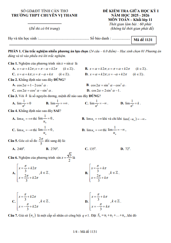 đề giữa kì 1 toán 11 năm 2025 – 2026 trường thpt chuyên vị thanh – cần thơ