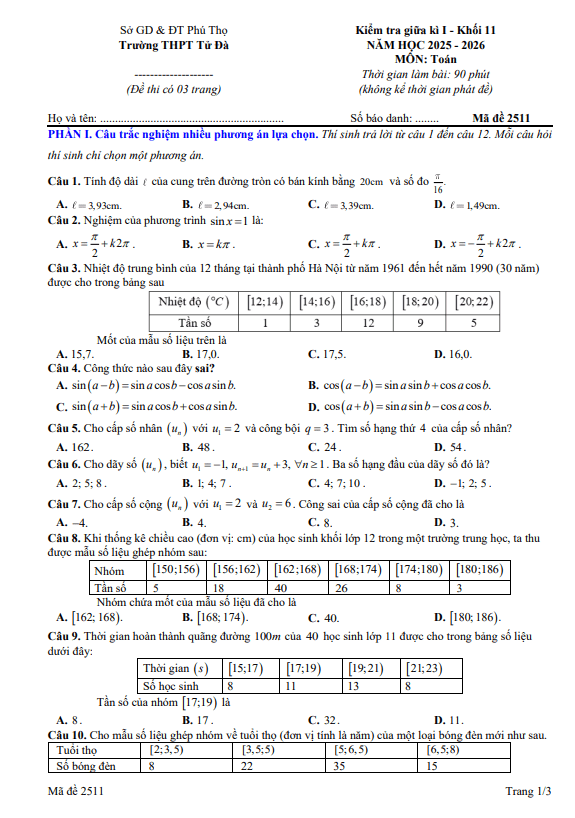 đề giữa kì 1 toán 11 năm 2025 – 2026 trường thpt tử đà – phú thọ