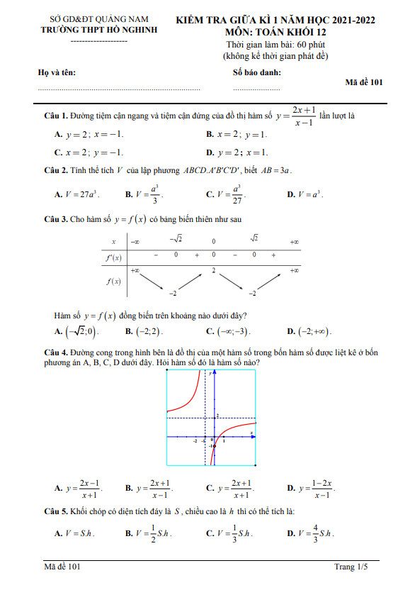 đề giữa kì 1 toán 12 năm 2021 – 2022 trường thpt hồ nghinh – quảng nam