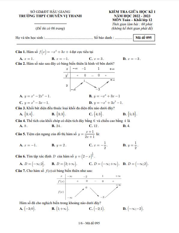 đề giữa kì 1 toán 12 năm 2022 – 2023 trường chuyên vị thanh – hậu giang