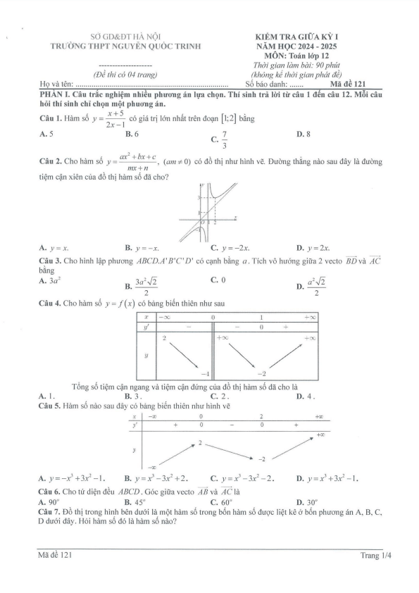 đề giữa kì 1 toán 12 năm 2024 – 2025 trường thpt nguyễn quốc trinh – hà nội