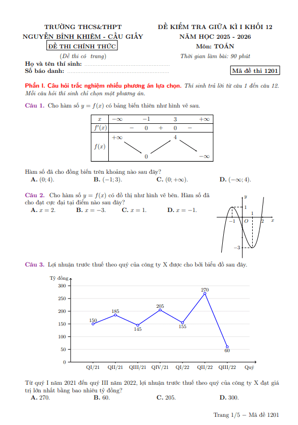đề giữa kì 1 toán 12 năm 2025 – 2026 trường nguyễn bỉnh khiêm – hà nội