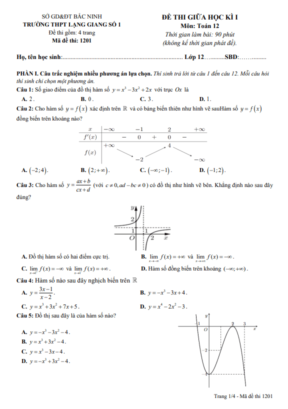 đề giữa kì 1 toán 12 năm 2025 – 2026 trường thpt lạng giang 1 – bắc ninh