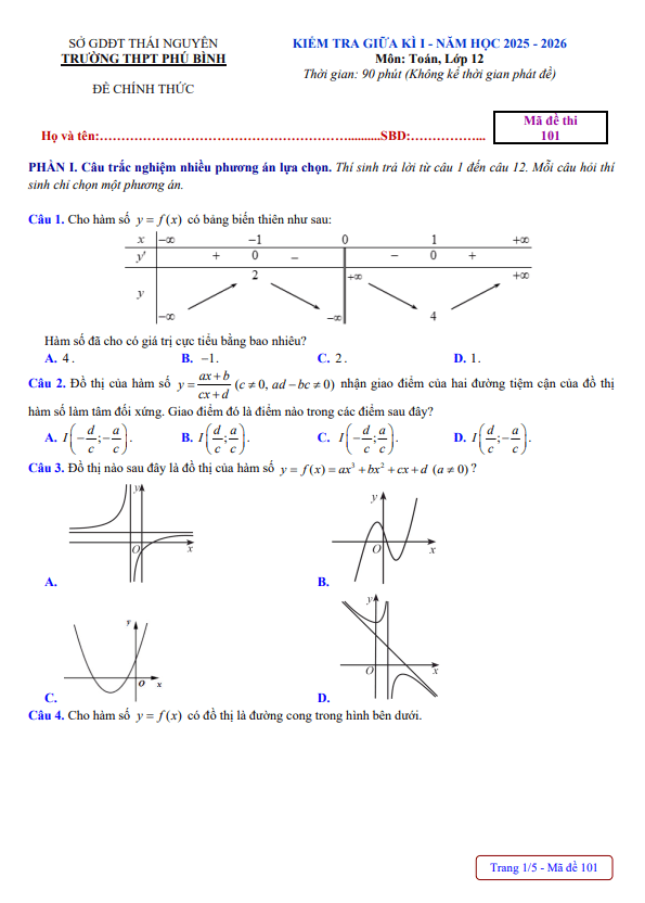đề giữa kì 1 toán 12 năm 2025 – 2026 trường thpt phú bình – thái nguyên