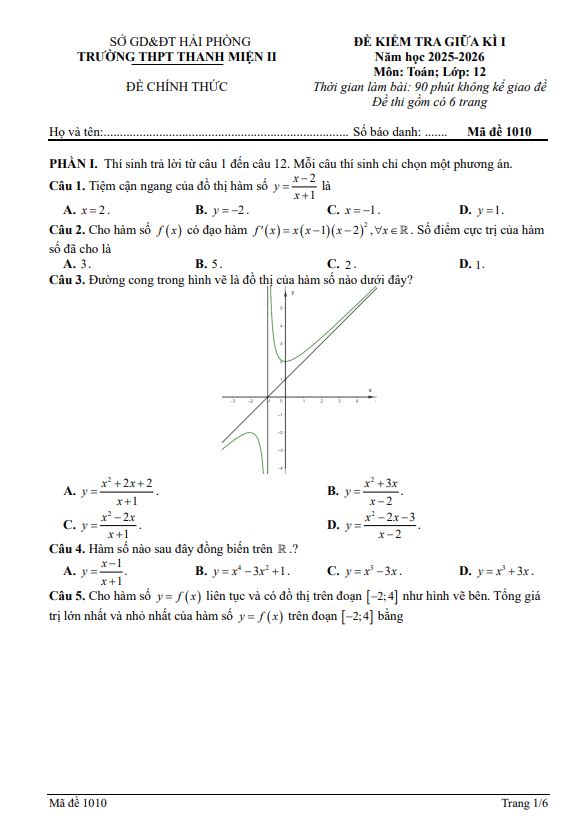đề giữa kì 1 toán 12 năm 2025 – 2026 trường thpt thanh miện 2 – hải phòng
