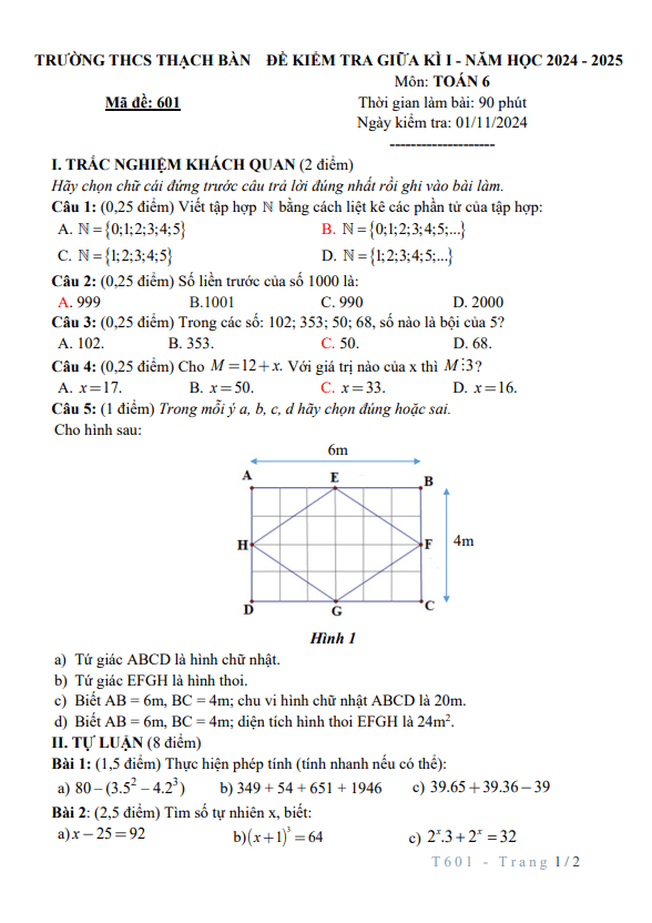 đề giữa kì 1 toán 6 năm 2024 – 2025 trường thcs thạch bàn – hà nội