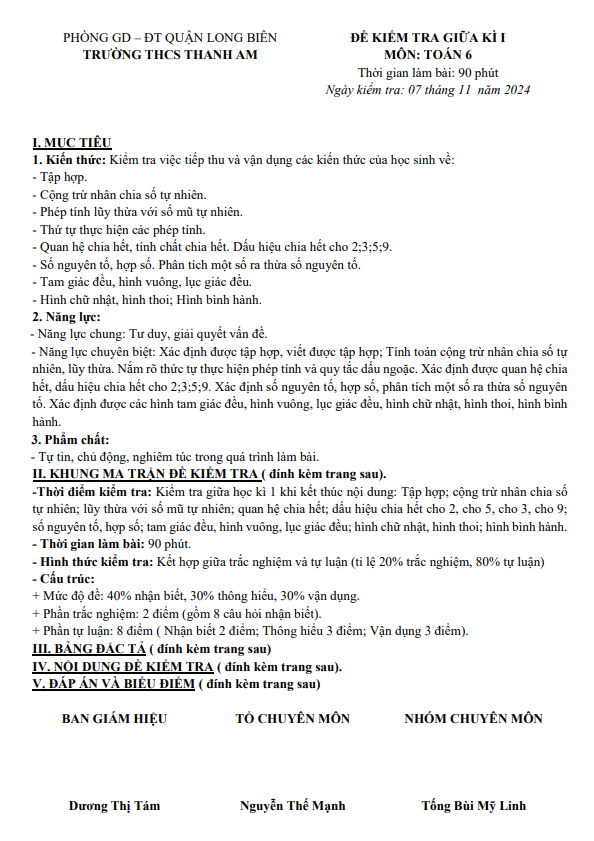 đề giữa kì 1 toán 6 năm 2024 – 2025 trường thcs thanh am – hà nội
