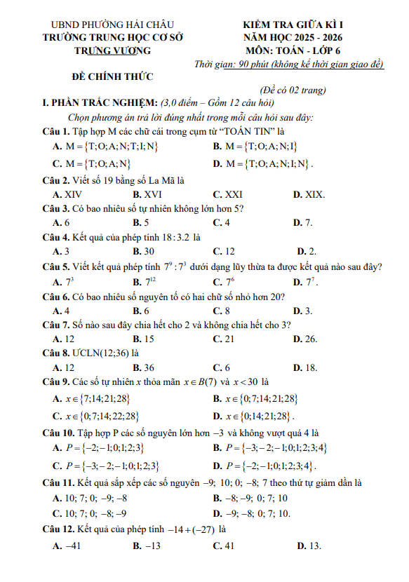 đề giữa kì 1 toán 6 năm 2025 – 2026 trường thcs trưng vương – đà nẵng