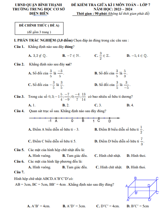 đề giữa kì 1 toán 7 năm 2023 – 2024 trường thcs điện biên – tp hcm
