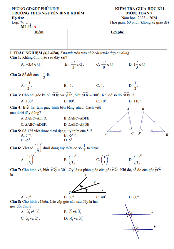 đề giữa kì 1 toán 7 năm 2023 – 2024 trường thcs nguyễn bỉnh khiêm – quảng nam
