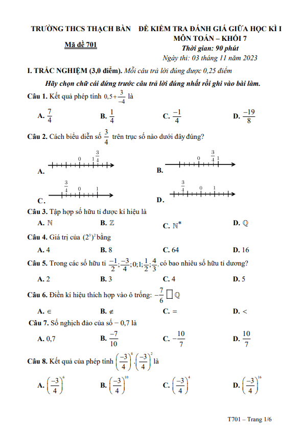 đề giữa kì 1 toán 7 năm 2023 – 2024 trường thcs thạch bàn – hà nội