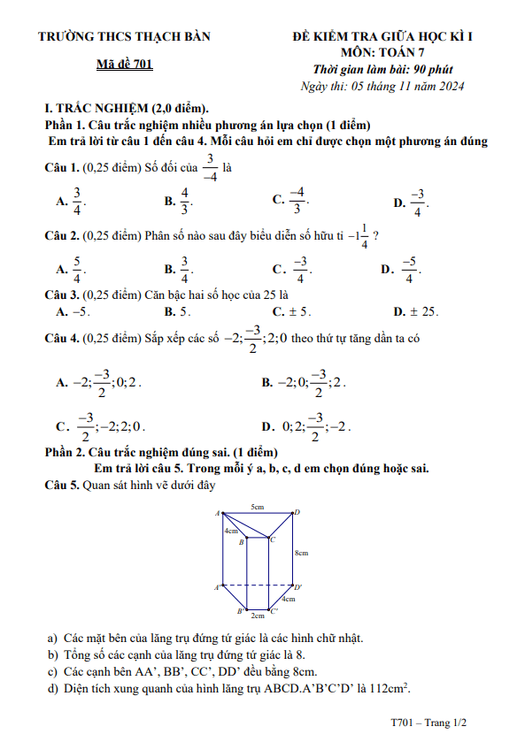 đề giữa kì 1 toán 7 năm 2024 – 2025 trường thcs thạch bàn – hà nội