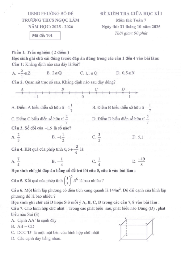 đề giữa kì 1 toán 7 năm 2025 – 2026 trường thcs ngọc lâm – hà nội