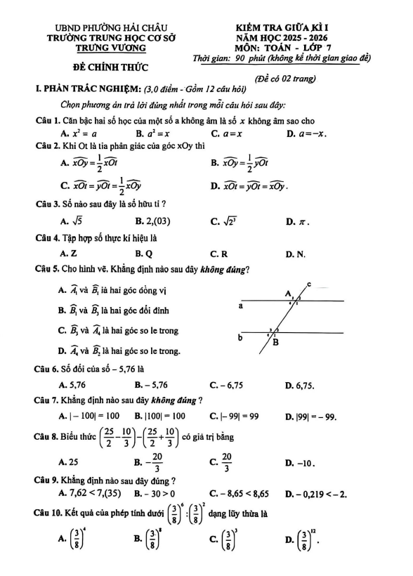 đề giữa kì 1 toán 7 năm 2025 – 2026 trường thcs trưng vương – đà nẵng