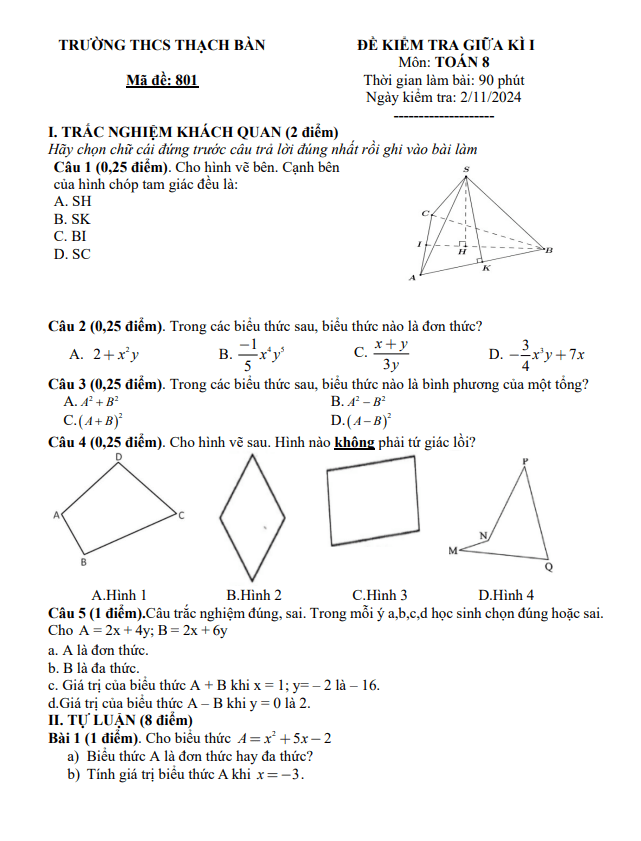đề giữa kì 1 toán 8 năm 2024 – 2025 trường thcs thạch bàn – hà nội