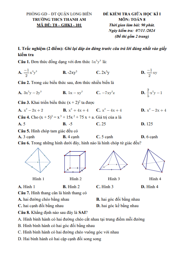 đề giữa kì 1 toán 8 năm 2024 – 2025 trường thcs thanh am – hà nội