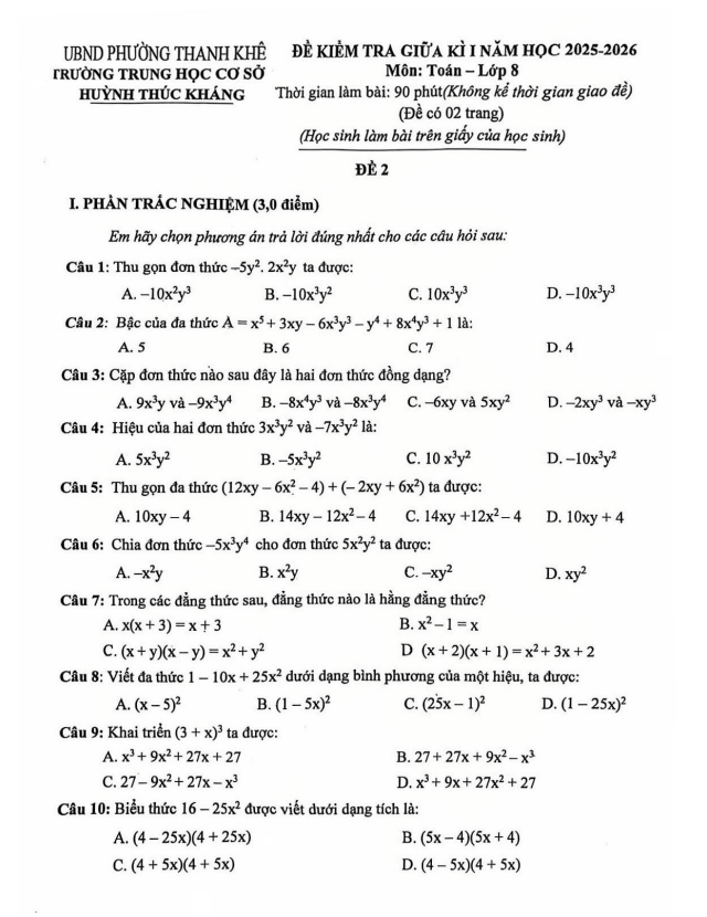 đề giữa kì 1 toán 8 năm 2025 – 2026 trường thcs huỳnh thúc kháng – đà nẵng