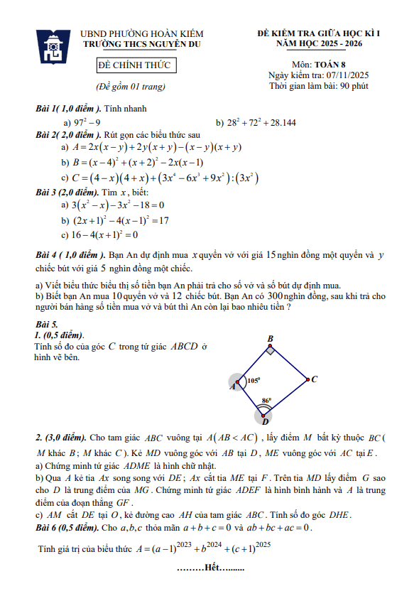 đề giữa kì 1 toán 8 năm 2025 – 2026 trường thcs nguyễn du – hà nội