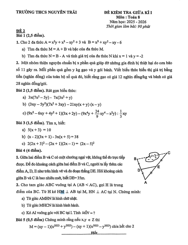 đề giữa kì 1 toán 8 năm 2025 – 2026 trường thcs nguyễn trãi – hà nội