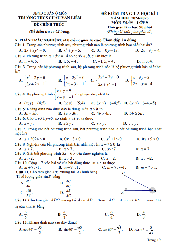 đề giữa kì 1 toán 9 năm 2024 – 2025 trường thcs châu văn liêm – cần thơ