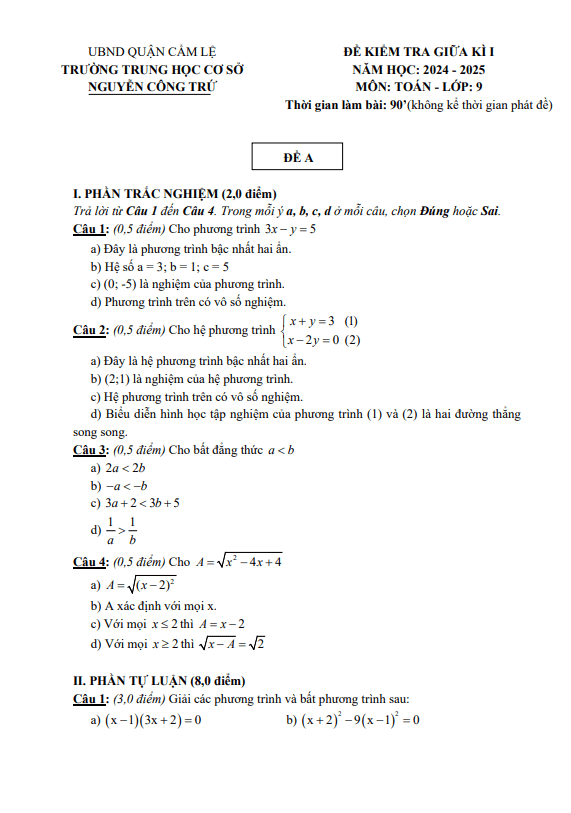 đề giữa kì 1 toán 9 năm 2024 – 2025 trường thcs nguyễn công trứ – đà nẵng