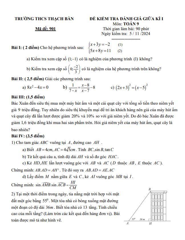 đề giữa kì 1 toán 9 năm 2024 – 2025 trường thcs thạch bàn – hà nội