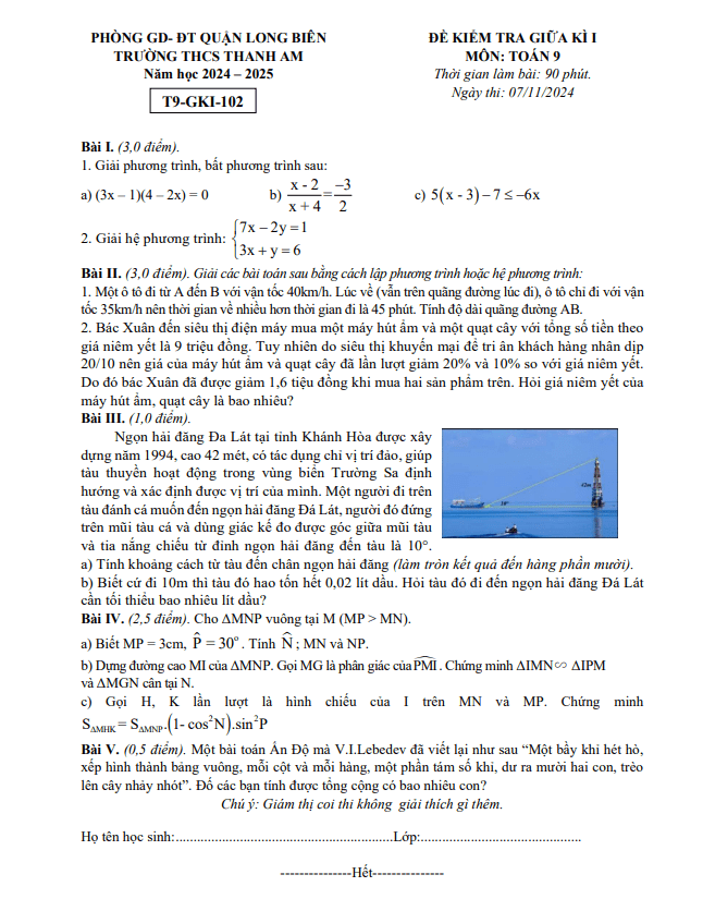 đề giữa kì 1 toán 9 năm 2024 – 2025 trường thcs thanh am – hà nội