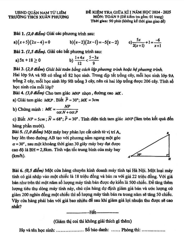 đề giữa kì 1 toán 9 năm 2024 – 2025 trường thcs xuân phương – hà nội