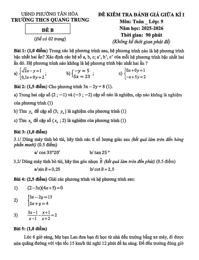 đề giữa kì 1 toán 9 năm 2025 – 2026 trường thcs quang trung – tp hcm