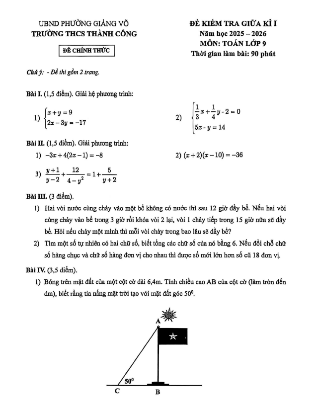 đề giữa kì 1 toán 9 năm 2025 – 2026 trường thcs thành công – hà nội