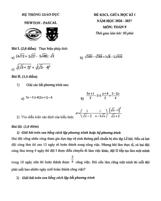 đề giữa kì 1 toán 9 năm 2026 – 2027 hệ thống giáo dục newton-pascal – hà nội
