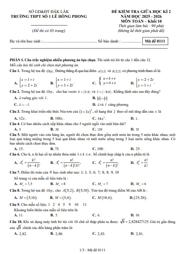 đề giữa kì 2 toán 10 năm 2025 – 2026 trường thpt lê hồng phong 1 – đắk lắk