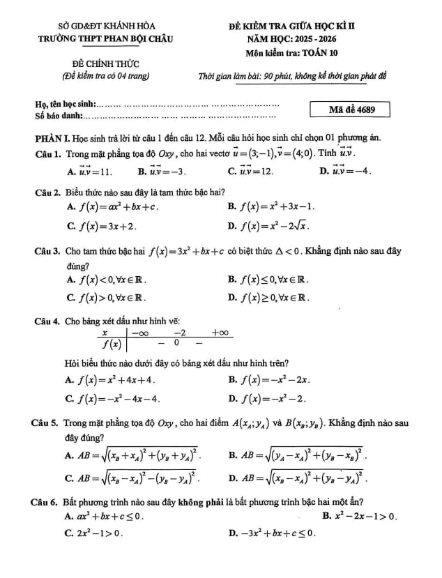 đề giữa kì 2 toán 10 năm 2025 – 2026 trường thpt phan bội châu – khánh hòa
