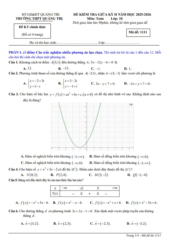 đề giữa kì 2 toán 10 năm 2025 – 2026 trường thpt quảng trị – quảng trị