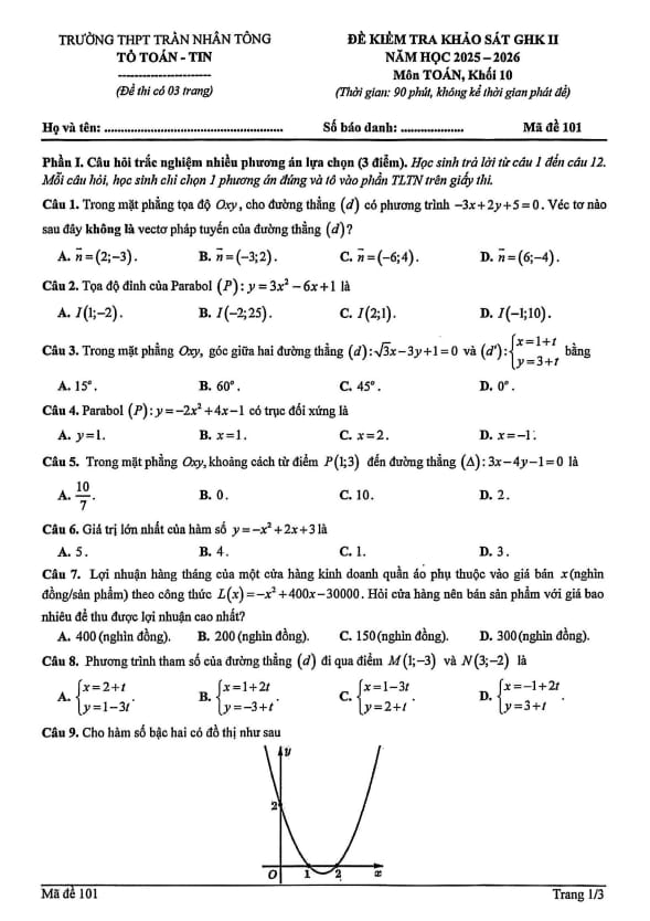 đề giữa kì 2 toán 10 năm 2025 – 2026 trường thpt trần nhân tông – hà nội