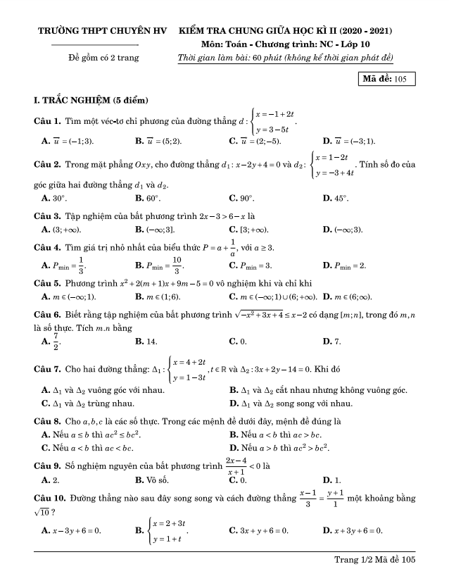 đề giữa kì 2 toán 10 nc năm 2020 – 2021 trường chuyên hùng vương – bình dương
