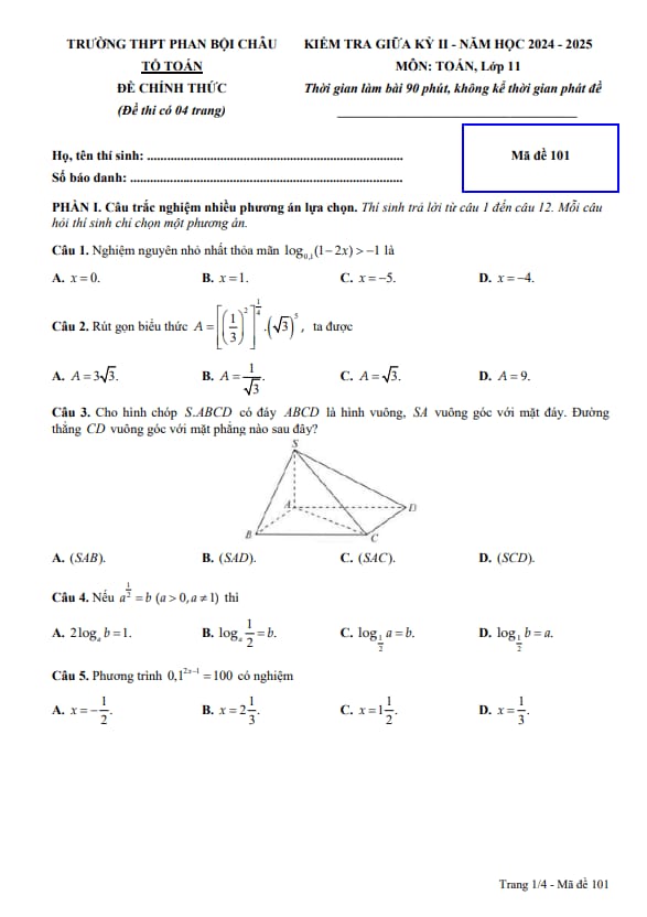 đề giữa kì 2 toán 11 năm 2024 – 2025 trường thpt phan bội châu – bình thuận