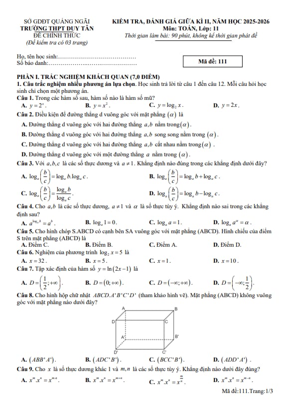 đề giữa kì 2 toán 11 năm 2025 – 2026 trường thpt duy tân – quảng ngãi
