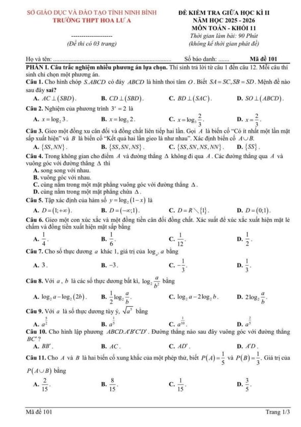 đề giữa kì 2 toán 11 năm 2025 – 2026 trường thpt hoa lư a – ninh bình