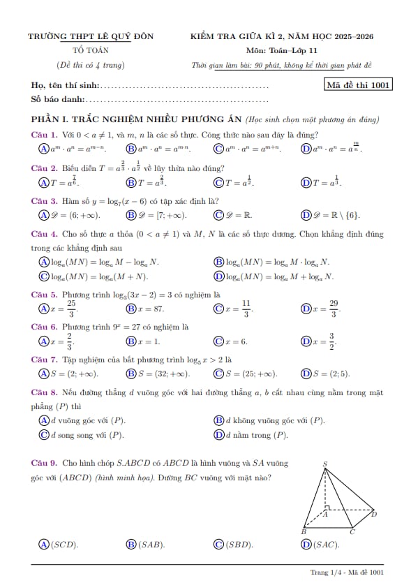 đề giữa kì 2 toán 11 năm 2025 – 2026 trường thpt lê quý đôn – quảng ngãi