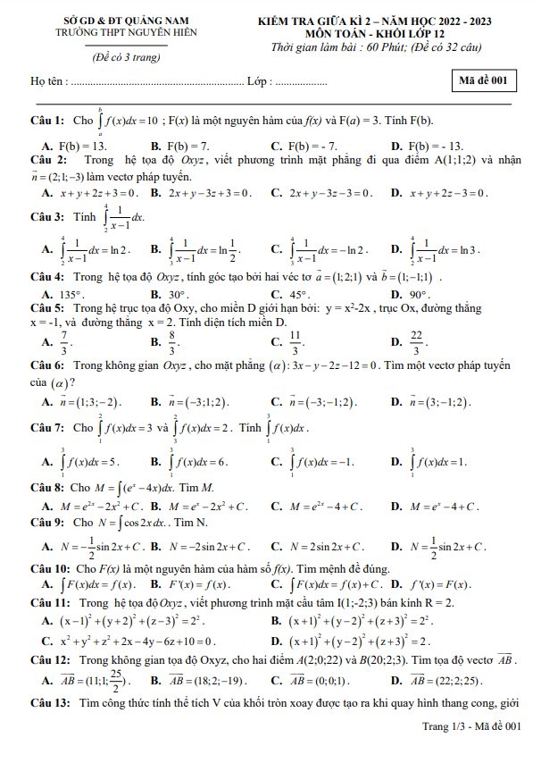 đề giữa kì 2 toán 12 năm 2022 – 2023 trường thpt nguyễn hiền – quảng nam