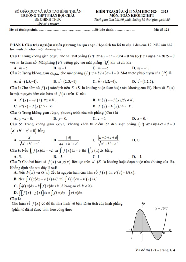 đề giữa kì 2 toán 12 năm 2024 – 2025 trường thpt phan bội châu – bình thuận