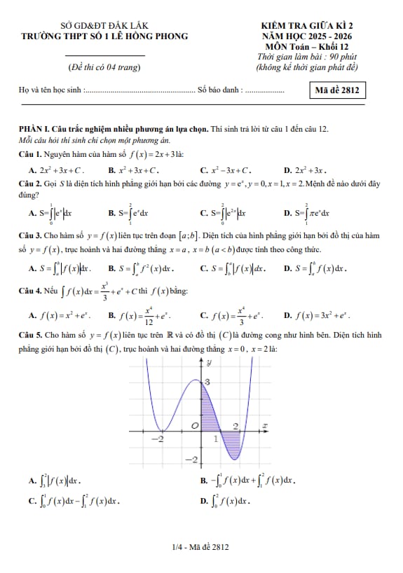 đề giữa kì 2 toán 12 năm 2025 – 2026 trường thpt lê hồng phong 1 – đắk lắk