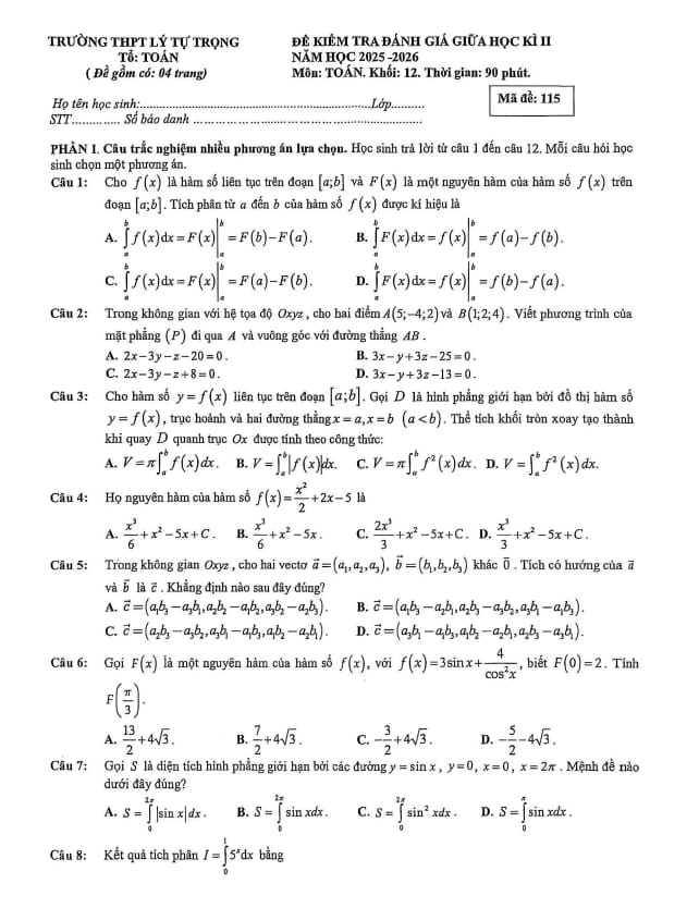 đề giữa kì 2 toán 12 năm 2025 – 2026 trường thpt lý tự trọng – khánh hòa