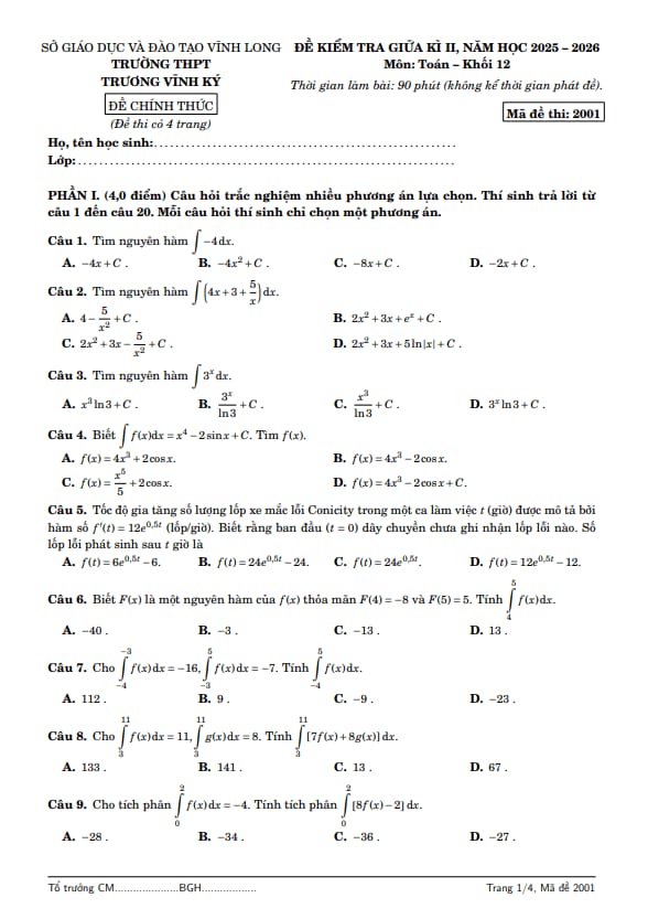 đề giữa kì 2 toán 12 năm 2025 – 2026 trường thpt trương vĩnh ký – vĩnh long