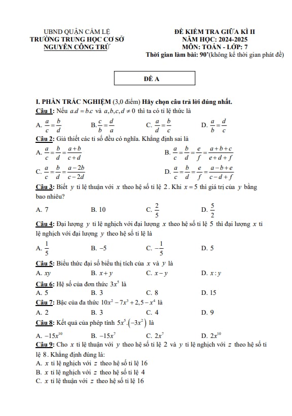đề giữa kì 2 toán 7 năm 2024 – 2025 trường thcs nguyễn công trứ – đà nẵng