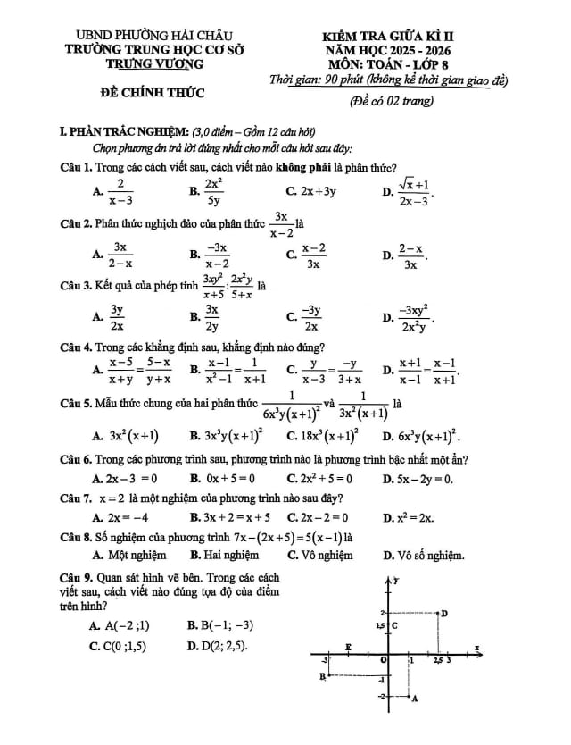 đề giữa kì 2 toán 8 năm 2025 – 2026 trường thcs trưng vương – đà nẵng
